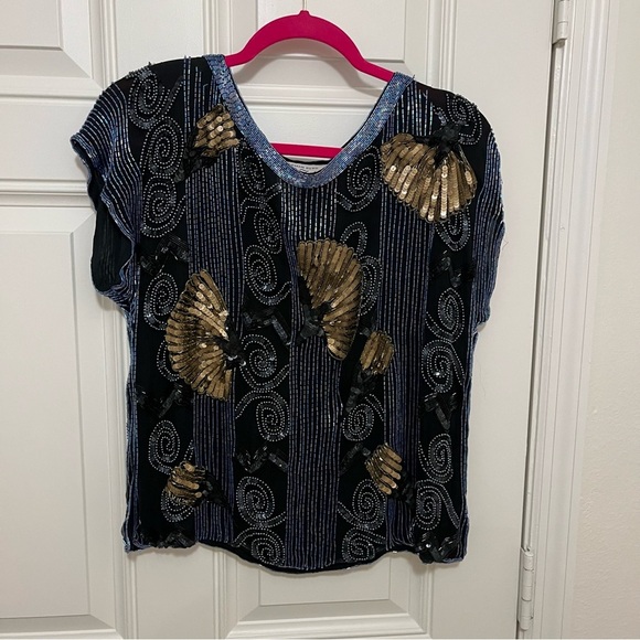 NORMAN BERG beaded sequins evening top shirt vintage retro medium M - Picture 4 of 8